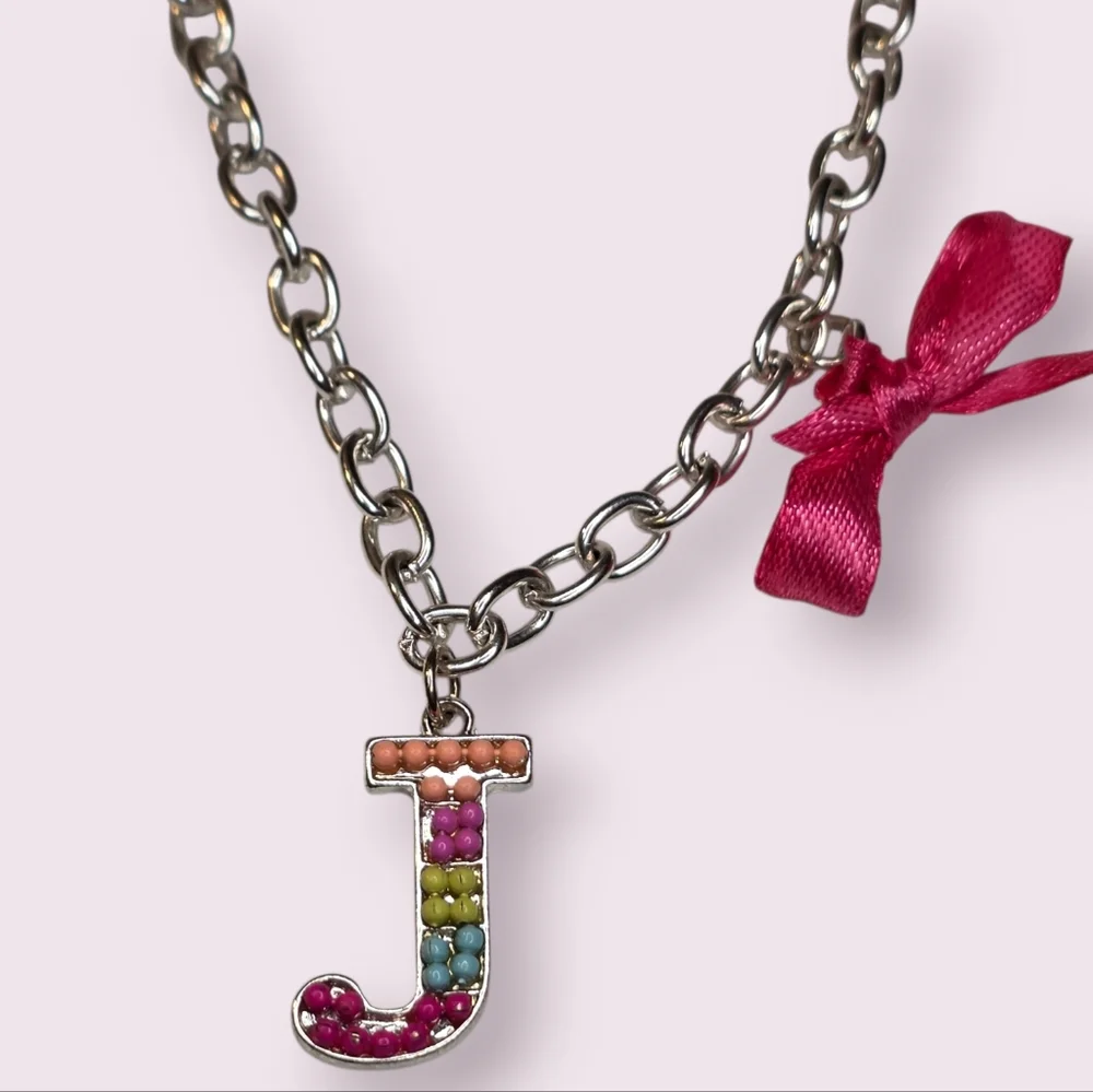 Justice Letter J Initial Charm Bracelet With Pink Ribbon Bow Fashion Jewelry